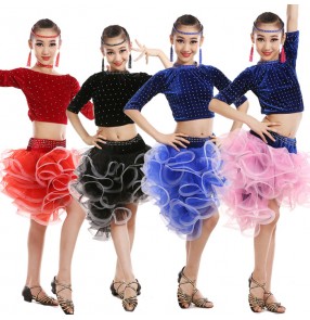 Royal blue black red light pink velvet rhinestones irregular ruffles skirts short sleeves girls kids children competition performance professional latin ballroom dance dresses outfits costumes